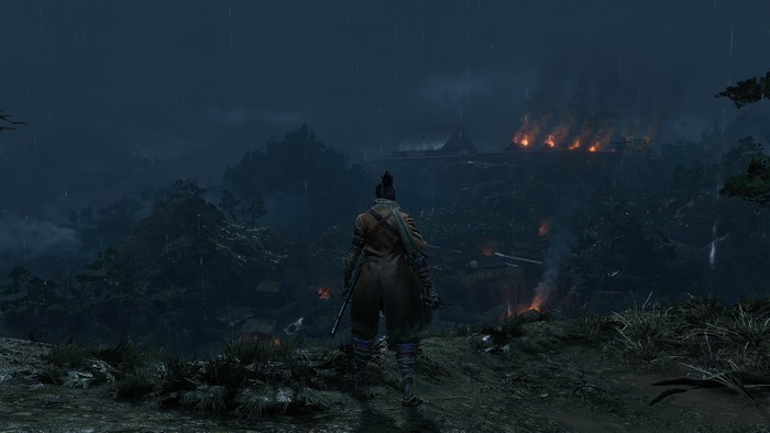 4K Sekiro: Shadows Die Twice landscape with burning village