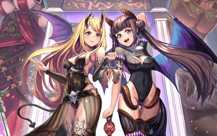 Two demon girls with horns and wings