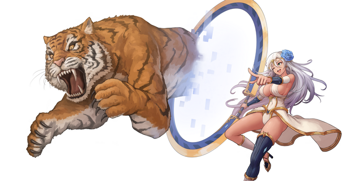 Tiger emerging from portal with anime girl from Last Origin