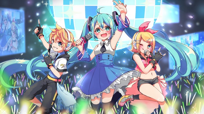 Hatsune Miku, Kagamine Len, and Kagamine Rin performing on stage