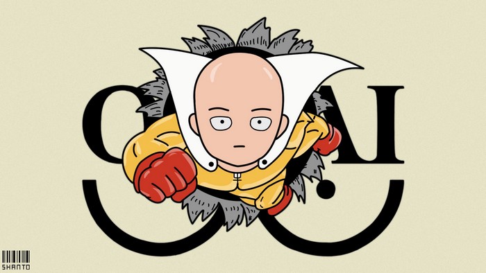 Saitama from One-Punch Man breaking through letters