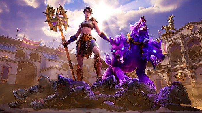 Fortnite Sica Skin with Cerberus and defeated gladiators