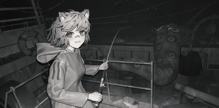 Anime girl with cat ears fishing on a boat during a storm