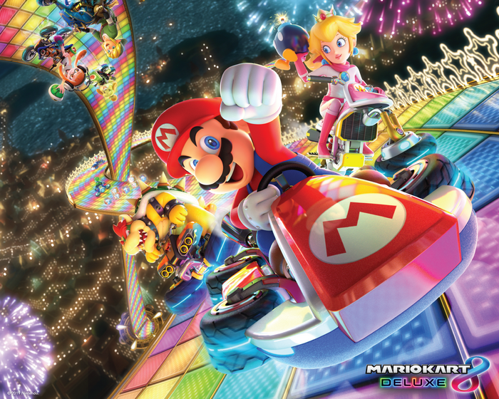 Mario Kart 8 Deluxe: Mario, Peach, Bowser, and Link racing