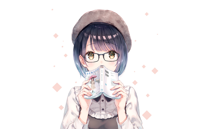 Anime girl with glasses and hat reading a book