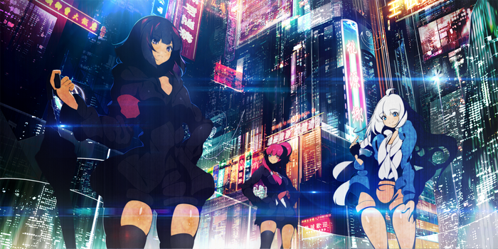 Anime girls in a futuristic cityscape