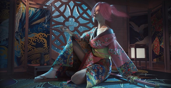 Woman in kimono smoking pipe indoors