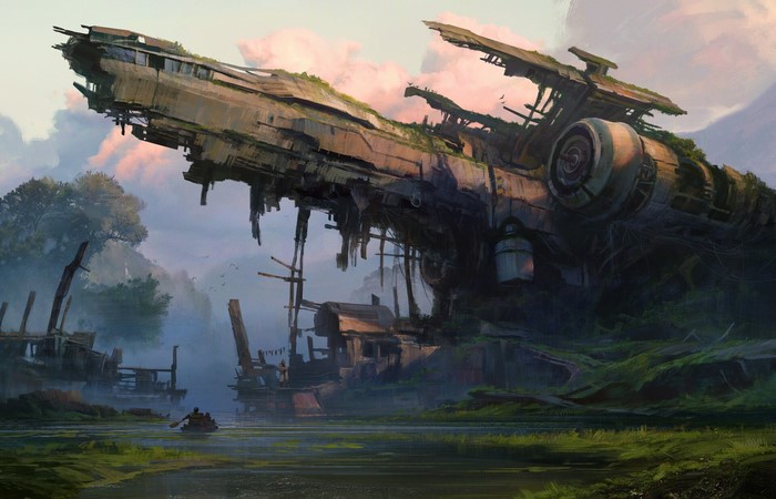 Abandoned spaceship wreck in a swamp