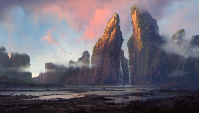 Digital art of misty mountains with waterfalls at sunrise