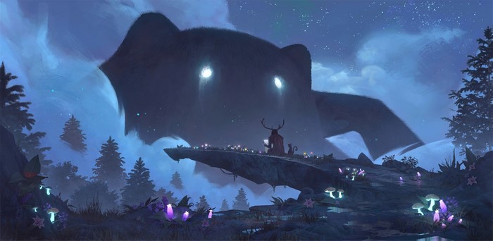 Giant creature in the sky overlooking a forest