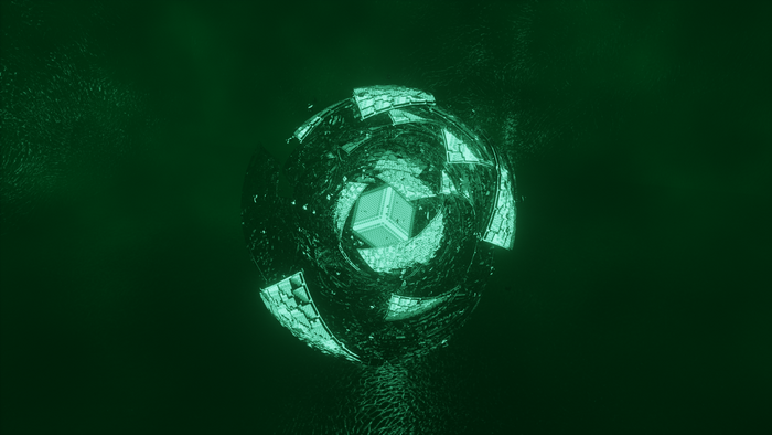 Abstract futuristic cube with rotating metallic shards
