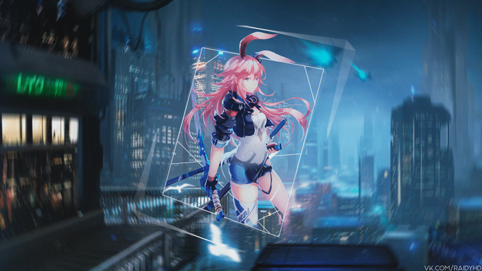 Anime girl with pink hair and bunny ears in a futuristic city