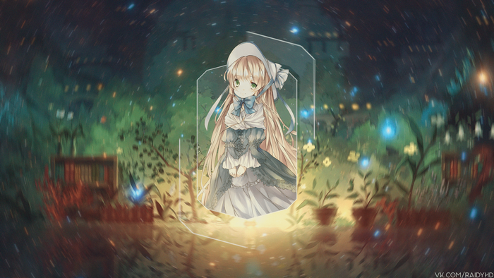 Anime girl in a glass frame with a starry background