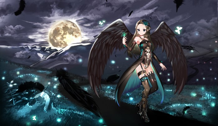 Anime girl with black wings under the moon