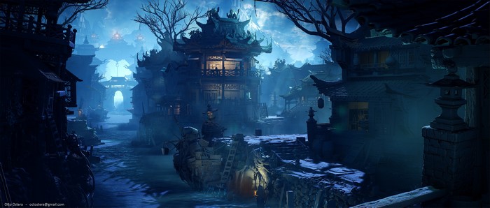 Artwork of a fantasy village with blue lighting