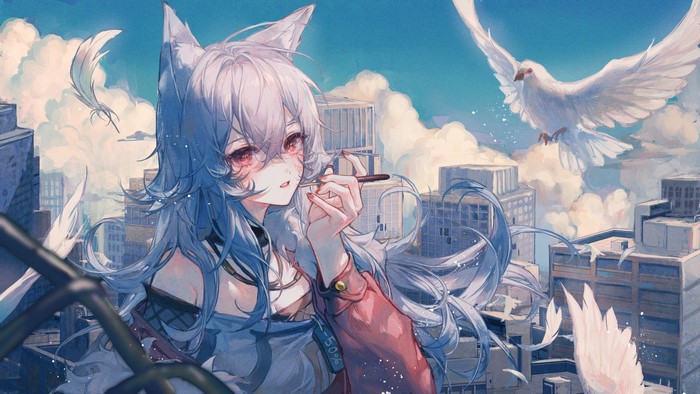 Anime girl with wolf ears and white hair in a cityscape
