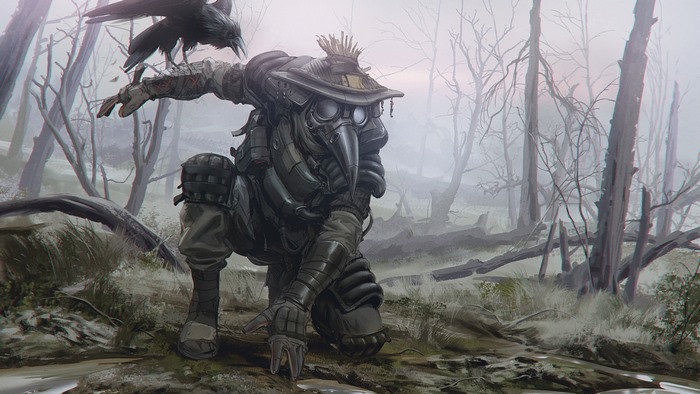 Bloodhound (Apex Legends) in a misty forest with a raven