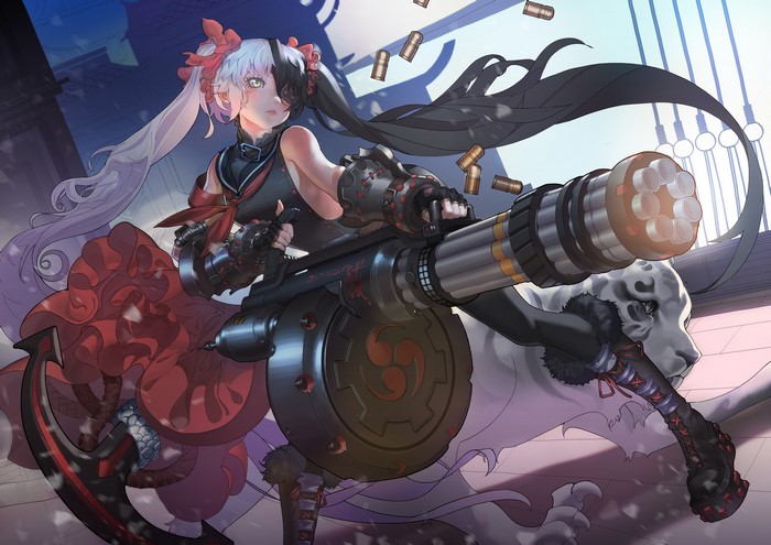 Anime girl with multi-colored hair and machine gun with tiger from Blade & Soul
