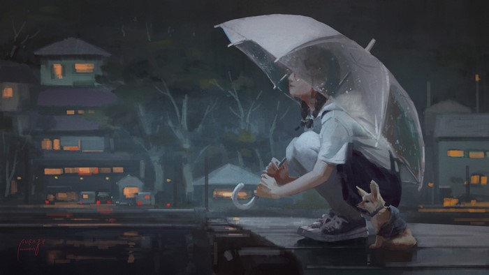 Girl and dog under umbrella in the rain