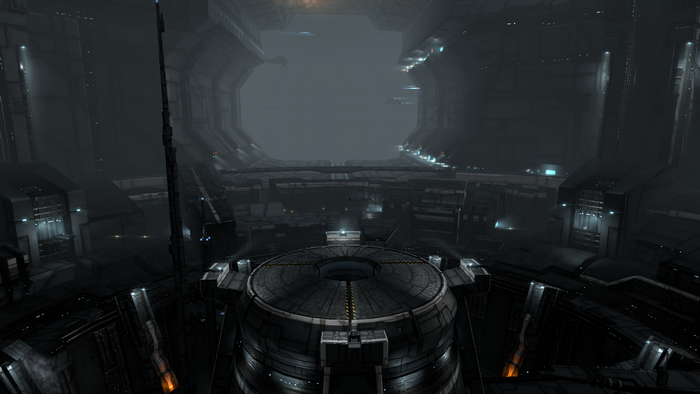 Interior of a large, dark, industrial science fiction space station