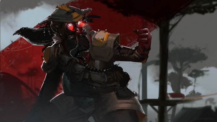 Bloodhound from Apex Legends in a dark, atmospheric setting