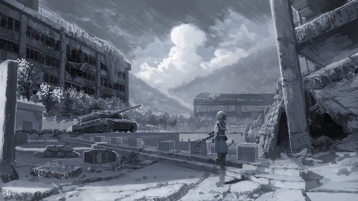 Girl with weapon and tank in apocalyptic ruins
