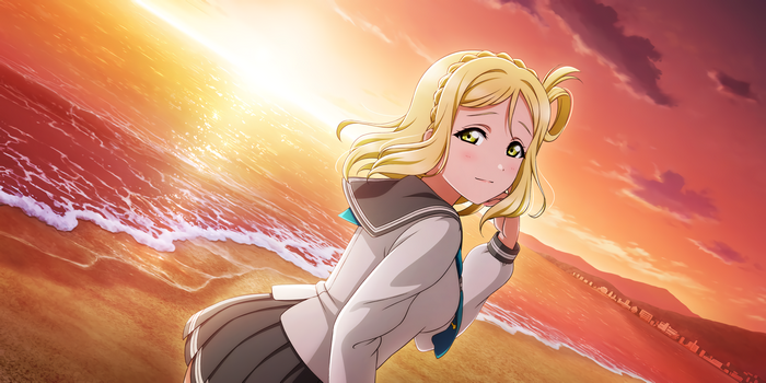 Ohara Mari from Love Live! Sunshine!! on a beach at sunset