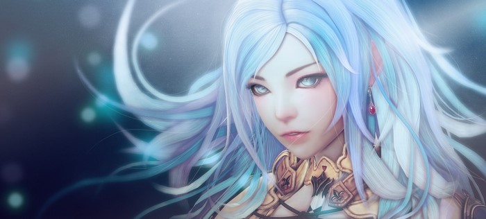 Fantasy art of a girl with blue hair and blue eyes