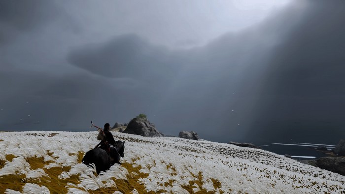Jin Sakai from Ghost of Tsushima on horseback