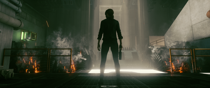 Jesse Faden from Control in a smoky industrial area