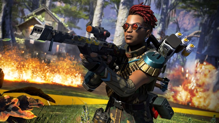 Bangalore from Apex Legends firing a weapon