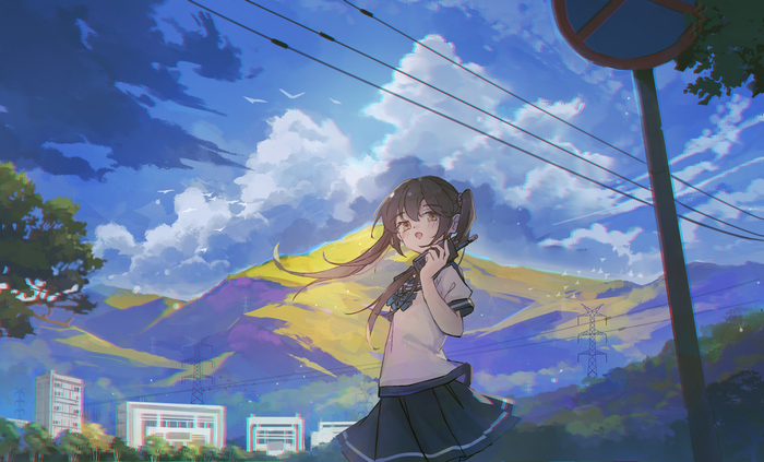 Anime girl in school uniform holding a phone outdoors