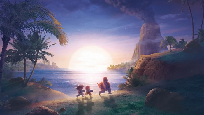 Son Goku, Master Roshi, and Kuririn from Dragon Ball on a tropical island
