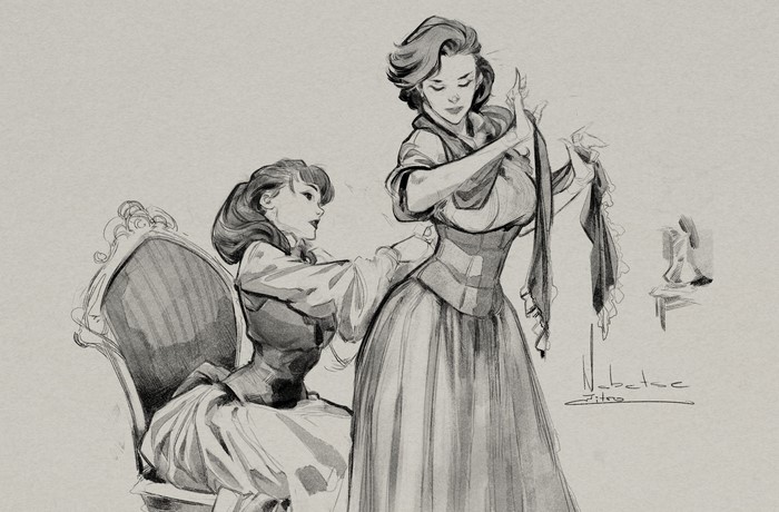 Two women in vintage clothing, one seated, one standing