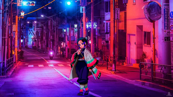 Kochou Shinobu from Kimetsu no Yaiba in a neon city at night