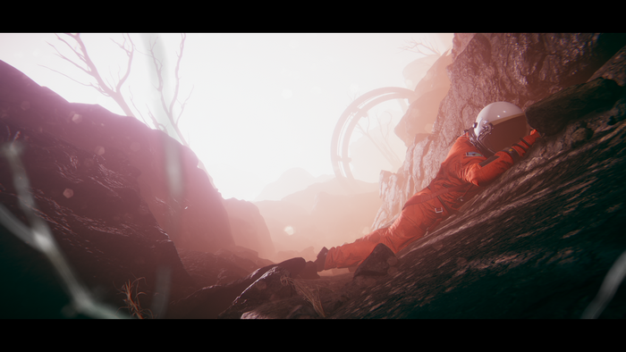 Astronaut in a desolate landscape with a ring structure