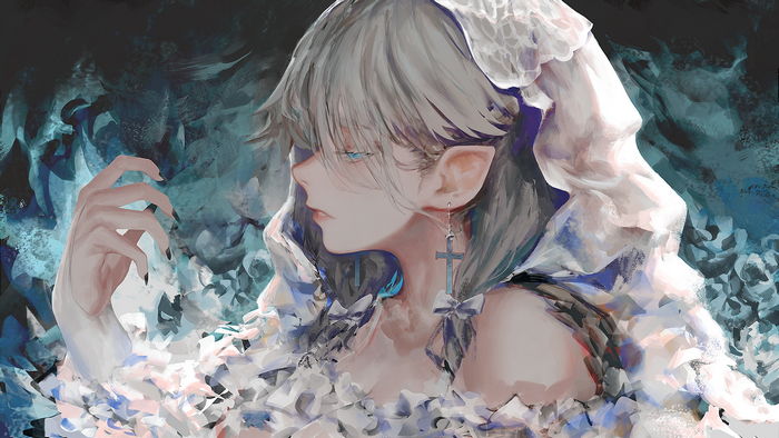 Anime girl with elf ears and gray hair