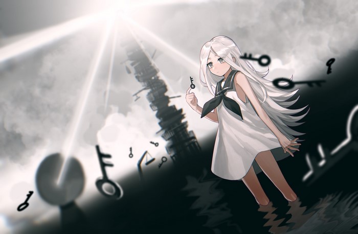 Anime girl with silver hair and white dress holding a key