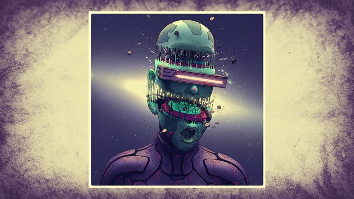 Cyberpunk character with open head and glowing visor