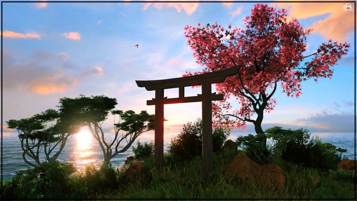 Torii gate and sakura tree on an island at sunset
