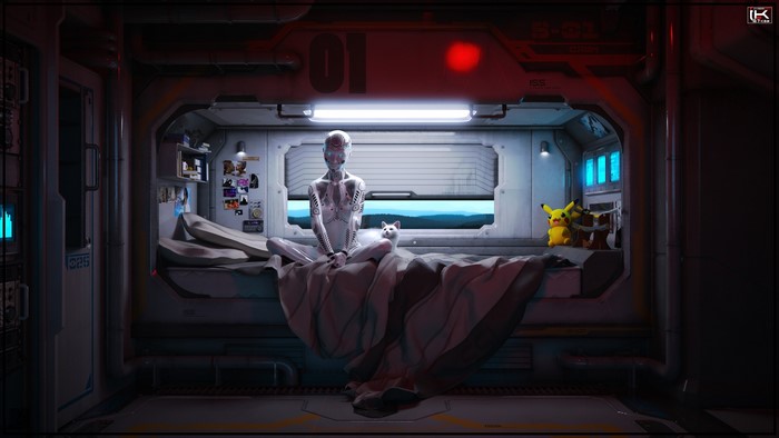 Cyborg and cat in futuristic room with Pikachu