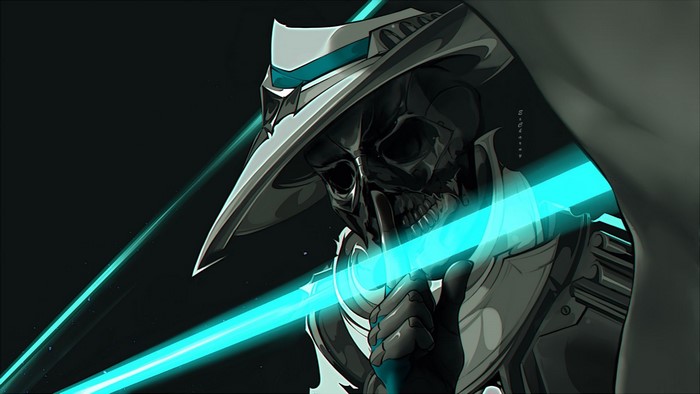 Cypher from Valorant with a blue energy beam