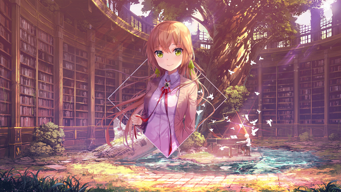 Anime girl with green eyes in a library with a piano