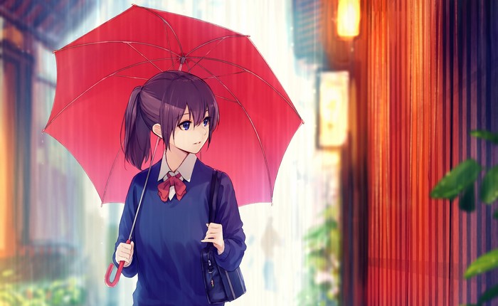 Anime schoolgirl with purple hair holding a red umbrella in the rain