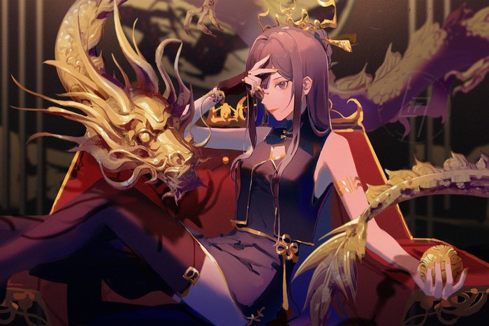 Anime girl with golden dragon throne