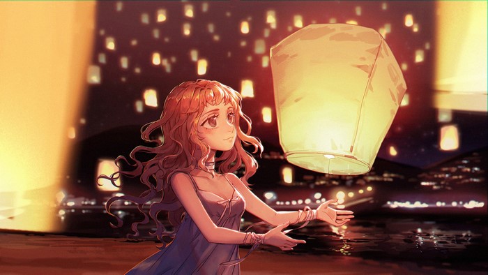 Anime girl releasing sky lantern over city lights at night