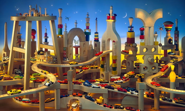 4K I Spy Toys Artwork with Miniature Vehicles and Wood Structures