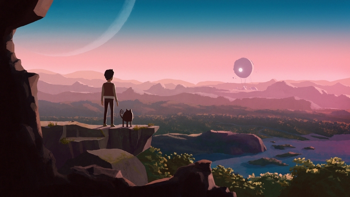 Planet Of Lana: A boy and his cat gaze at a strange world