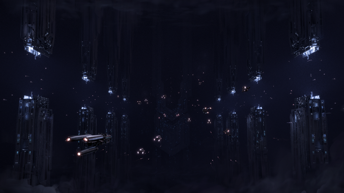 Spaceships and futuristic structures in a dark environment