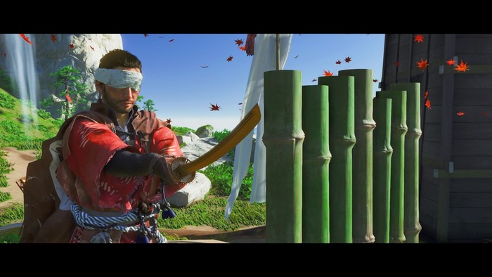 Jin Sakai from Ghost of Tsushima practicing with a sword